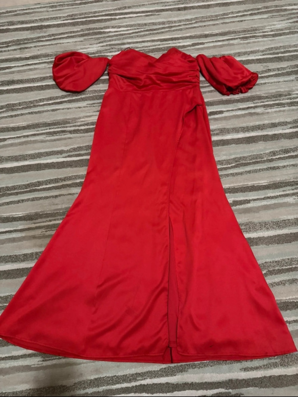 Fashion Nova Red One-Shoulder Gown with Puff Sleeve